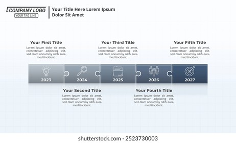 Línea de tiempo de infografía de rompecabezas Horizontal con 5 pasos en un diseño de 16: 9 para presentaciones comerciales, administración y evaluación.