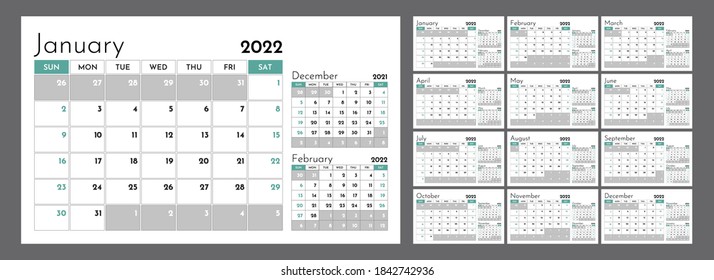 Horizontal quarterly calendar for 2022. Week starts on Sunday. A set of 12 calendar pages. Vector template.