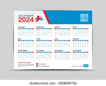 Horizontal quarterly calendar for 2024. Week starts on Sunday. set of 12 calendar. Planner. Printing. advertisement. Vector template. Blue backgrounds