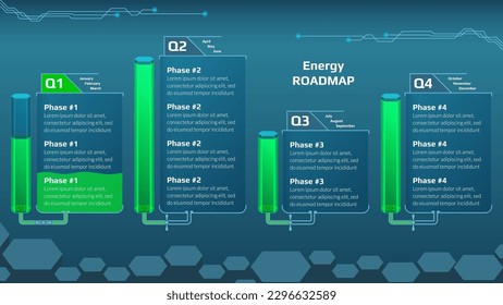 Hoja de ruta trimestral horizontal para el proyecto de juego con tanques de energía para mostrar el progreso en fondo azul. Plantilla de infografía de línea de tiempo para presentación de negocios. Ilustración vectorial.
