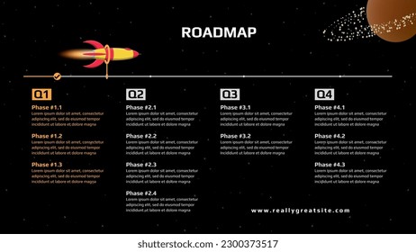 Horizontal quarterly roadmap with rocket and milestones on space black background. Timeline infographic template for business presentation. Vector illustration.