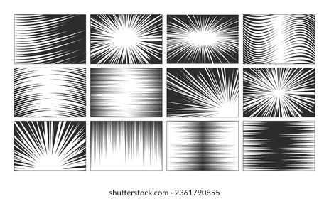 Horizontal, radial and diagonal comics lines. Set of abstract comic book explosion backgrounds. Vector illustration.