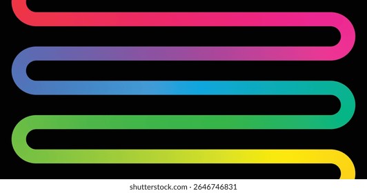Design horizontal da linha de curvatura do arco-íris. Caminho de gradiente colorido abstrato com cantos arredondados. Forma de fluxo moderna suave para uso criativo de fundo.
