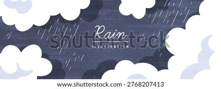 Horizontal rainy sky background illustration with white clouds, diagonal rain lines, and dark textured navy sky