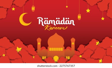 Horizontal Ramadan Kareem vector with clouds, moon and stars on red and orange gradation Background. Ramadan vector illustration. Evening theme backgrounds.