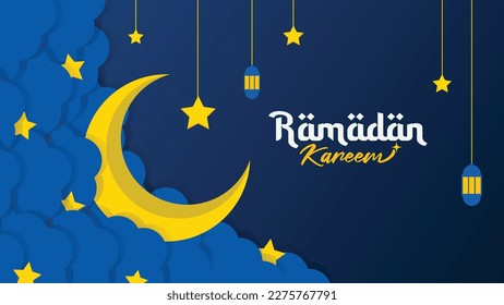 Horizontal Ramadan Kareem vector with clouds, moon and stars on blue gradation Background. Ramadan vector illustration. Night theme backgrounds.