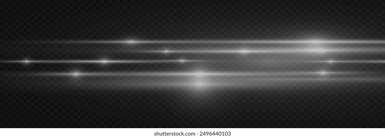 Horizontal rays of light, a flash of white line. Lens flare and flare. On a transparent background.