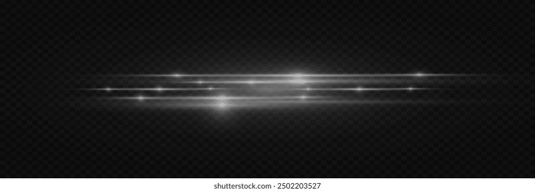 Horizontal rays of light, a flash of white line. Lens flare and flare. On a transparent background.	
