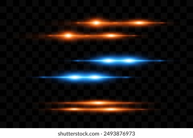 Horizontal rays of light. A set of neon light effects and glares. Laser lines of light. On a transparent background.Vector.