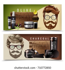 Banderas horizontales realistas con cosméticos naturales de olivo y carbón vegetal para hombres ilustraciones vectoriales aisladas