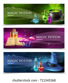 Horizontal realistic colorful banners set with mysterious magic potion and other witchcraft stuff isolated vector illustration