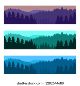 Horizontal realistic forest landscape with trees and mountains silhouettes. Vector illustration