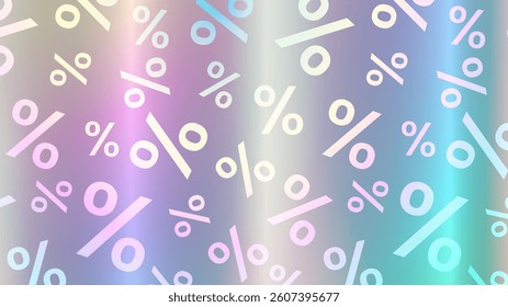Horizontal realistic holographic background with percent sign, sticker, rainbow neon hologram Sale, discount. Backdrop with metallic foil effect. Vector illustration EPS10
