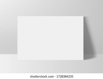 Horizontal Rectangle A4 Paper Format Mock Up. Sheet Of Paper Landscape Orientation 3d Realistic Mockup With Shadow. Empty White Poster Template. Vector Illustration.