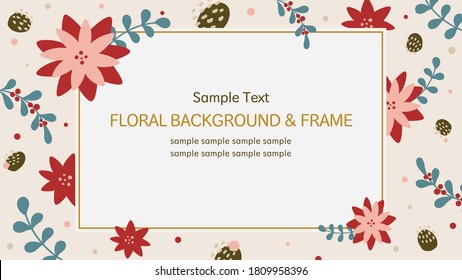 Horizontal rectangle banner design with winter floral background and frame. Can be used for greeting cards, flyer, photo frame, labels, and packages.	