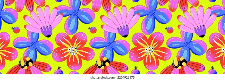 Horizontal rectangle banner with floral pattern. Contemporary bright vector flowers with black outline. Baloon style. Modern art. Vector illustration