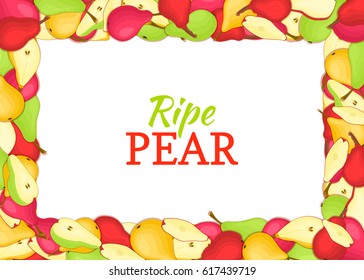 Horizontal Rectangle colored frame composed of delicious pears fruit. Vector card illustration. Rectangle pear frame Ripe fresh pears fruits for packaging design of juice breakfast food