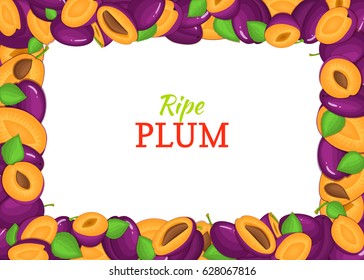 Horizontal Rectangle colored frame composed of delicious plums fruit. Vector card illustration. Rectangle plum frame Ripe fresh pears fruits for packaging design of juice breakfast food, detox diet
