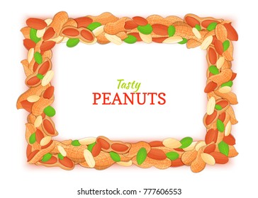 Horizontal rectangle frame composed of delicious peanut. Vector card illustration. Peanuts nuts frame, walnut fruit in the shell, shelled, leaves for packaging design of breakfast cosmetics detox diet