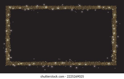 Horizontal rectangle glitter Golden frame design on black background.Dust particles in the form of a rectangular frame.Vector illustration