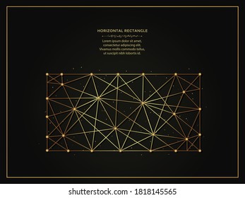 Horizontal rectangle golden abstract illustration on dark background. Geometric shape polygonal template made from lines and dots.