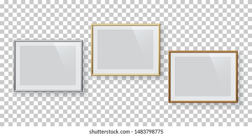 Horizontal rectangle silver, golden and bronze picture or photo frames set isolated on transparent background. Vector design elements