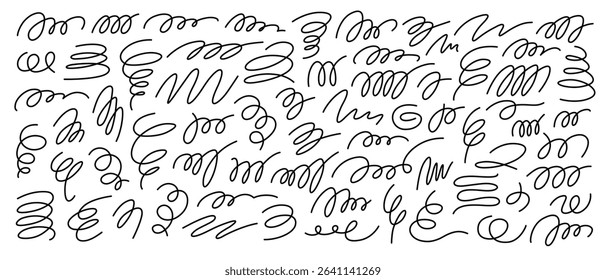 Horizontal rectangular banner filled with thin black contour lines in form of spiral, curls, loops, waves, twisted smooth calligraphic handwritten characters, strokes, signatures. Vector illustration.