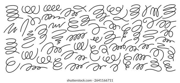 Horizontal rectangular banner filled with thin black contour lines in form of spiral, curls, loops, waves, twisted smooth calligraphic handwritten characters, vortex, signatures. Vector illustration.