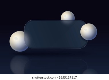 Anuncio rectangular Horizontal con efecto de superposición transparente de vidrio con esferas volumétricas sobre fondo oscuro. Vector 3D ilustración.
