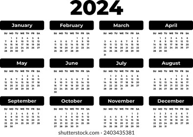 Horizontal rectangular black calendar for 2024 year. White background. Isolated vector image. Illustration bold template for design, planner