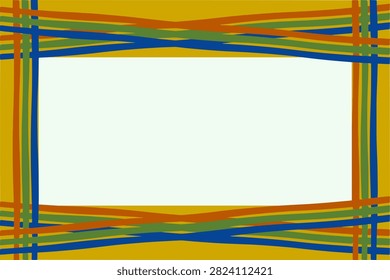 Horizontal rectangular decorative frame banner template vector. Solid yellow background and a central white light mint cream placeholder area for text or photos enclosed by an abstract border of hand drawn wavy lines in blue green and orange color. Beautiful Design.