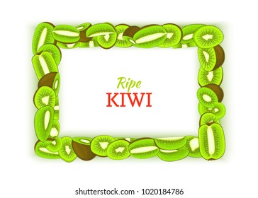 Horizontal rectangular frame composed of delicious green kiwi fruit. Vector card illustration. Rectangle kiwifruit fram fruits for design food packaging breakfast, detox, cosmetics cream, jam juice.