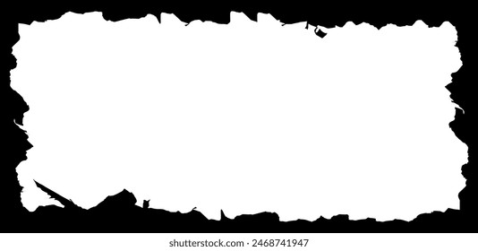 Horizontal rectangular framework. Torn paper smudge frame. Element of design and decoration of printed materials. Simple black and white vector isolated on white background