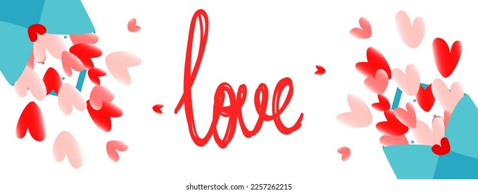 A horizontal rectangular postcard with the words "love" and two blue envelopes filled with red and pink hearts.
