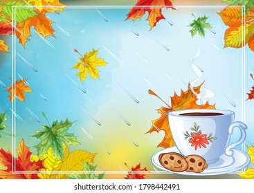 Horizontal rectangular template with fallen maple leaves and a cup of hot tea with cookies. Autumn background for a postcard or flyer.