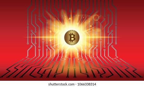 Horizontal Red background with golden bitcoin. Stock vector illustration.