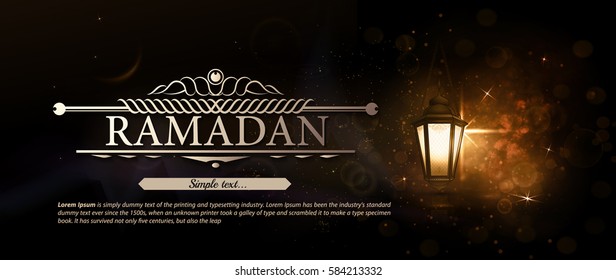 Horizontal red banner with light and reflection for ramadan kareem. Arabic vector Lamp on dark abstract background. Hanging illuminated lamp with text,  light, blur and bokeh. 