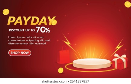 Horizontal red banner for payday discounts. Includes glowing podium, gift box, coins, and text space for promotional messages. Ideal for online store campaigns