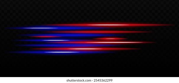 Horizontal red and blue light streaks with intense glare and futuristic reflections. Sci-fi designs, light transitions, and neon glow. Dynamic light effects on a dark background