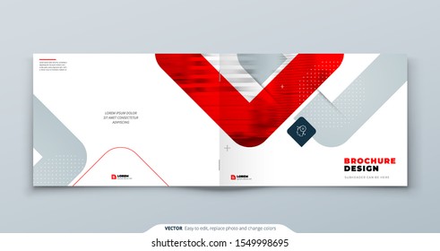 Horizontal Red Brochure Design. A4 Cover Template For Brochure, Report, Catalog, Magazine. Landscape Brochure Layout With Bright Color Shapes And Abstract Photo On Background. Modern Brochure Concept