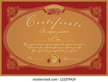 Horizontal red certificate of completion template with beige floral pattern and frame. This design usable for diploma, invitation,  gift voucher, coupon, official, ticket or different awards. Vector