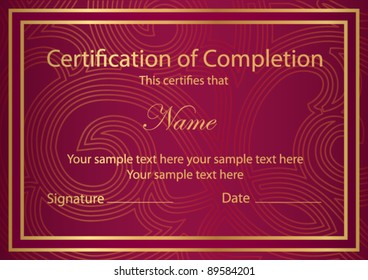 Horizontal red certificate of completion template with golden floral pattern and border. This design usable for diploma, invitation,  gift voucher, coupon, official, ticket or different awards