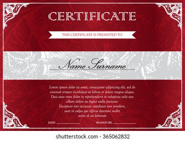 Horizontal red certificate and diploma template with vintage, floral, filigree and cute pattern for winner for achievement. Blank of award coupon. Vector