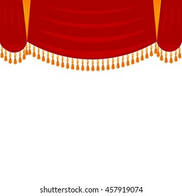 Horizontal red curtain with gold fringe. Theatrical scenery, harlequin. Open the curtain before the performance at the theater. Stock vector illustration