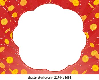 horizontal red frame with falling coins, confetti and tape