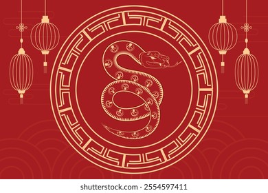 Horizontal red and gold banner with a snake, lantern, and wave pattern in Chinese outline style