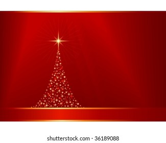 Fondo horizontal rojo dorado de Navidad con un árbol de Navidad hecho de estrellas. 12 colores globales, gradientes lineales, máscara de recorte, mezcla. Obra de arte agrupada y estratificada.