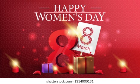 Horizontal red greeting postcard to the women's day with candle, rose petal and gifts with the number eight