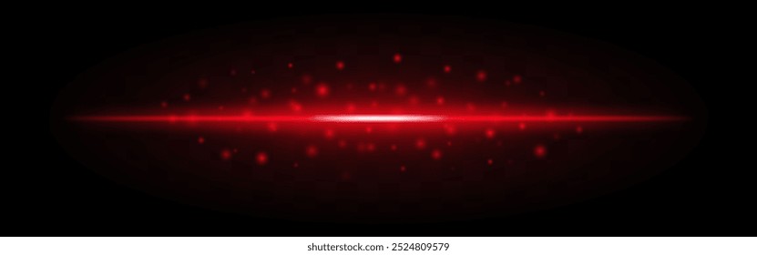 Horizontal red laser beam with scattered glowing particles isolated on a transparent background. Bright energy effect, ideal for sci-fi, futuristic themes, or digital graphic design.