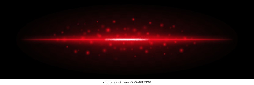 Horizontaler roter Laserstrahl mit gestreuten leuchtenden Teilchen, einzeln auf transparentem Hintergrund. Helle Energie, ideal für Science-Fiction, futuristische Themen oder digitales Grafikdesign.